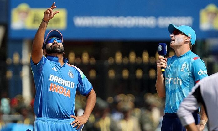 rohit sharma and england's jos buttler during the coin toss before the match